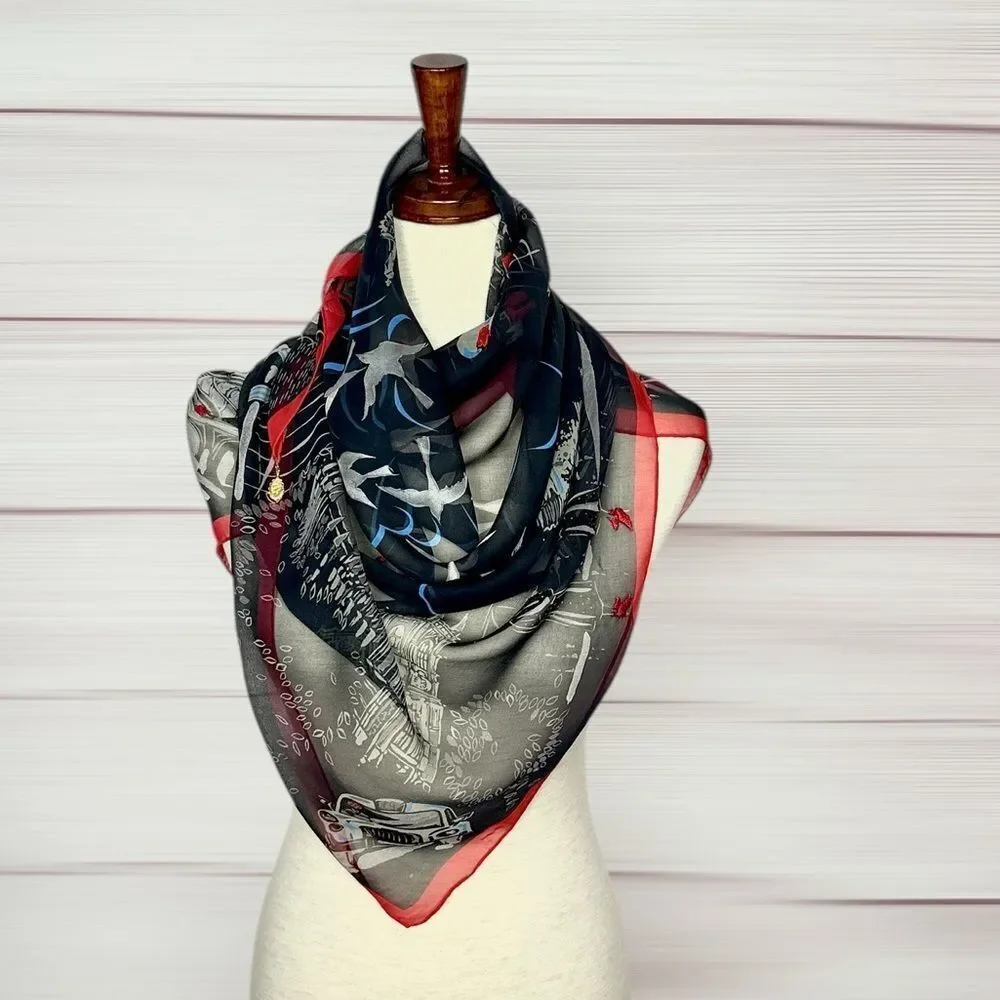 Lulu Guinness Silk Chiffon Scarf London Conture Themed Black Red Sheer 33x33